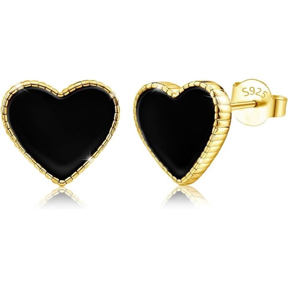 Women's 18K Gold Black Onyx Acrylic Heart Luxury Dainty Stud Earrings - Picture 1 of 6